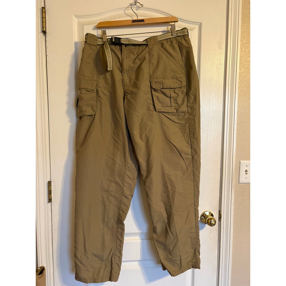 LL Bean Mens XL Tall Khaki Nylon Cargo Hiking Pants Belted Mesh Lined Tan